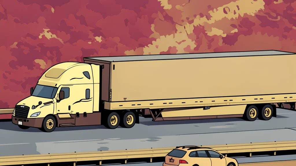 A long line of semi-trucks parked in a gravel lot under a clear sky