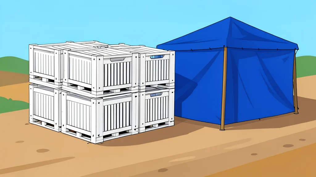 A stack of white relief supply crates sitting on a dusty road next to a makeshift shelter made of blue tarpaulin