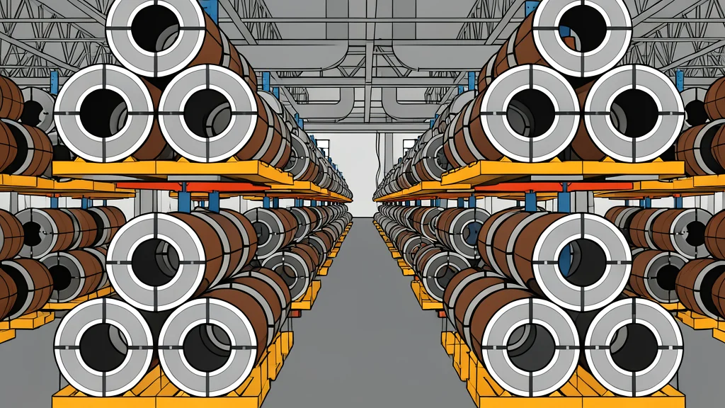 A stylized industrial facility with tall smokestacks and metal processing machinery in flat vector style.