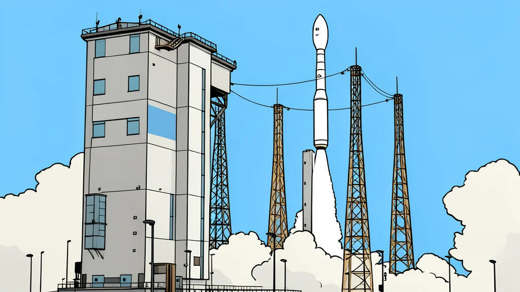 A white rocket standing vertically on a concrete launch pad surrounded by green tropical vegetation