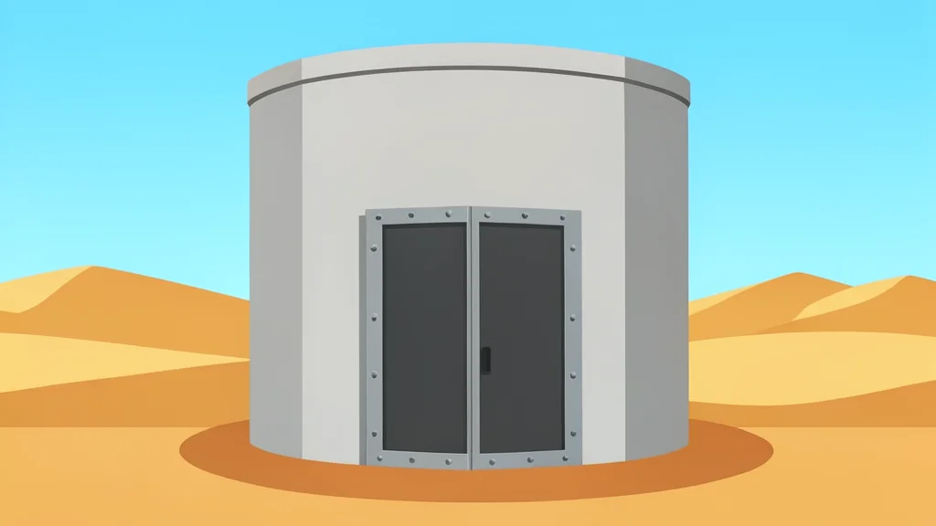 A large, cylindrical concrete containment structure with a heavy steel door, situated in a desert landscape.