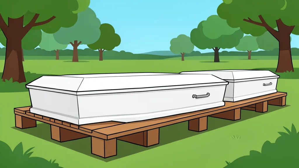 A row of white coffins resting on a wooden pallet in a cemetery setting