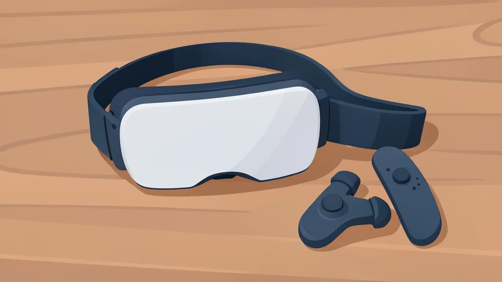 A virtual reality headset resting on a wooden table next to a pair of wireless controllers
