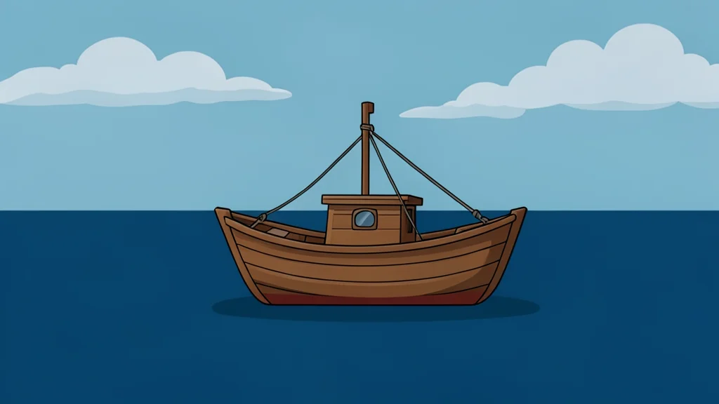 A small wooden fishing boat floating on calm, dark blue ocean water under a cloudy sky