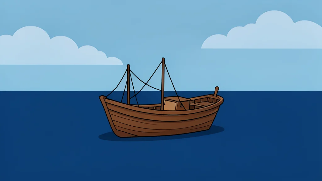 A small wooden fishing boat floating on calm, dark blue ocean water under a cloudy sky