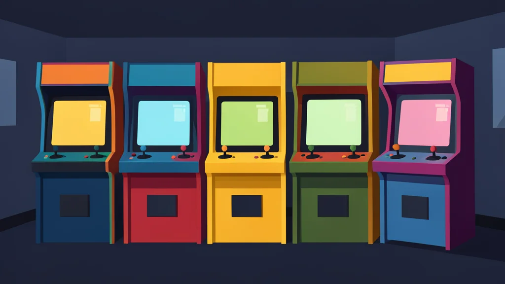 A row of colorful arcade cabinets with glowing screens and joystick controls in a dimly lit room