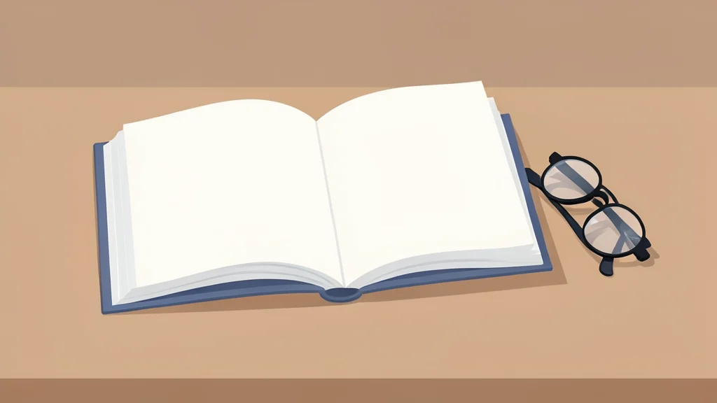 A calm, open book resting on a wooden desk next to a pair of reading glasses
