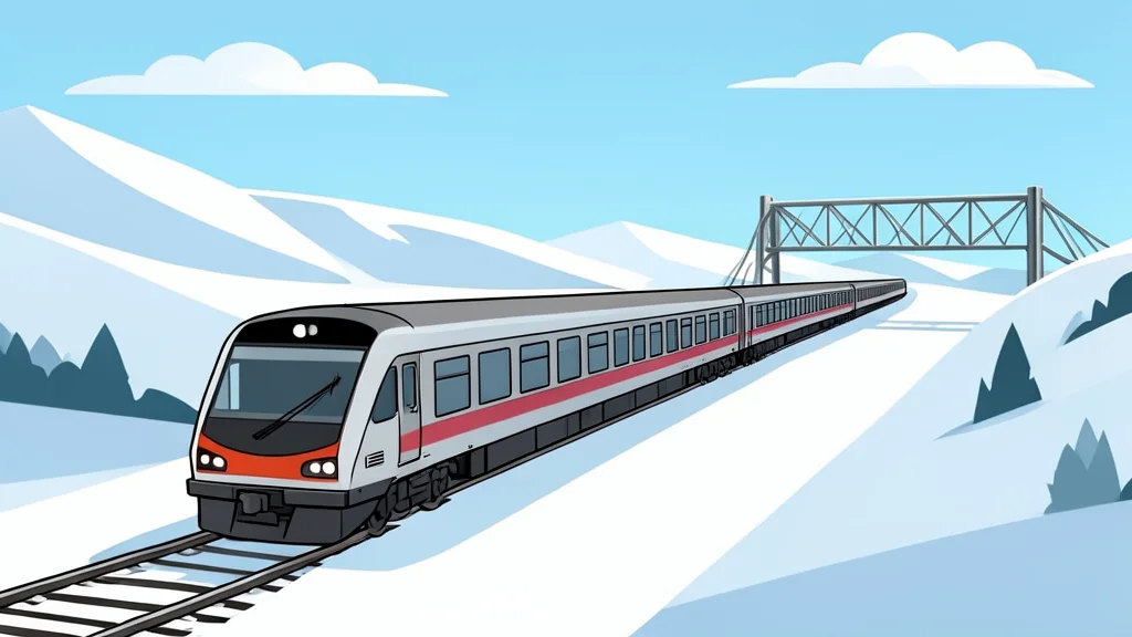 A long passenger train traveling through a snowy landscape near a border crossing