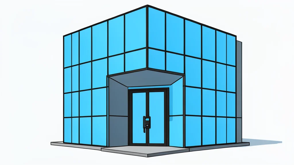A modern glass office building with a secure entrance and a keypad lock on the door