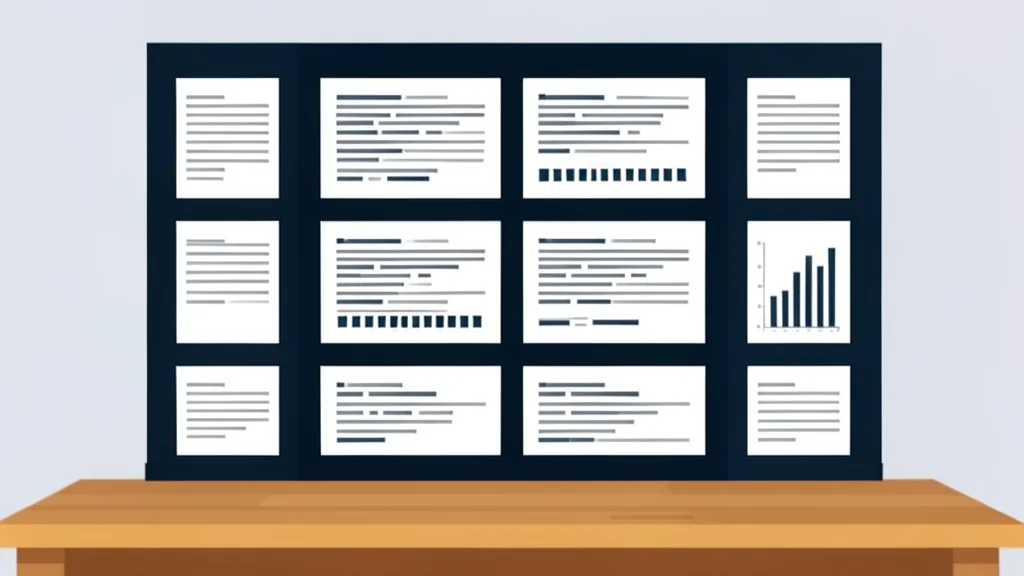 A dark rectangular window divided into smaller panes with scrolling text lines and bar graphs resting on a wooden desk.
