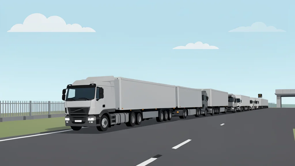 A long line of heavy trucks waiting on a paved road near a border checkpoint