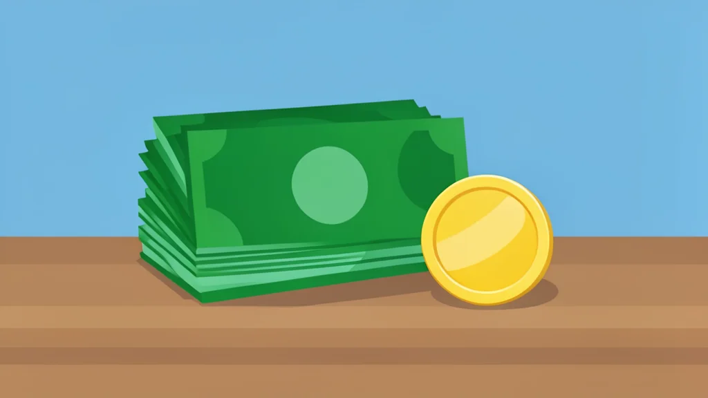 A stack of physical paper currency notes and a single gold coin resting on a wooden desk surface