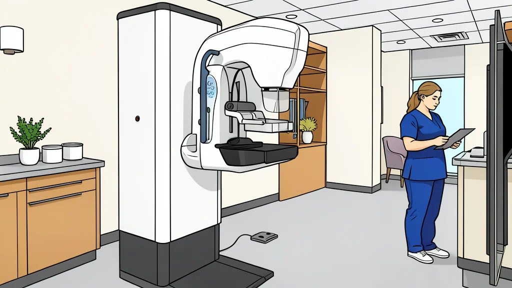 A sterile white medical examination room featuring a diagnostic imaging machine and a tray of laboratory test tubes.