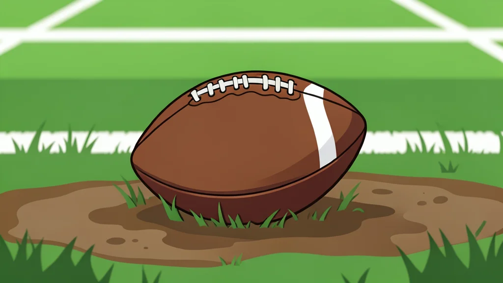 A muddy football field with white yard lines and a single brown leather football resting on the grass.