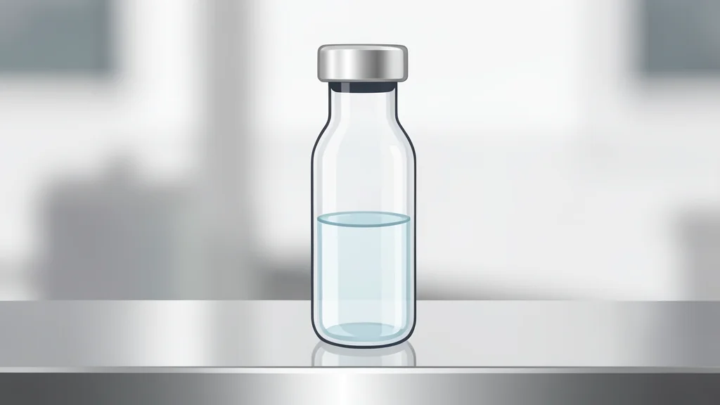 A glass vial containing clear liquid standing on a white laboratory bench