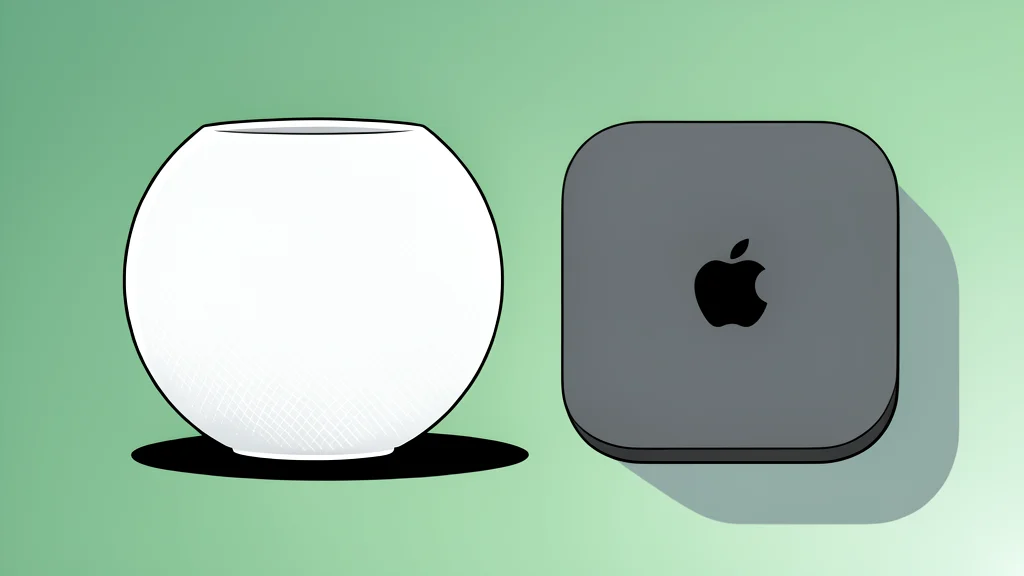 A sleek white cylindrical smart speaker sits on a wooden shelf next to a small black rectangular media streaming box.
