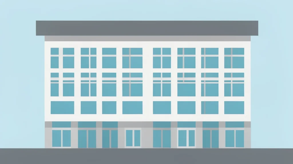 A modern multi-story commercial building with a grid of windows and a flat roof
