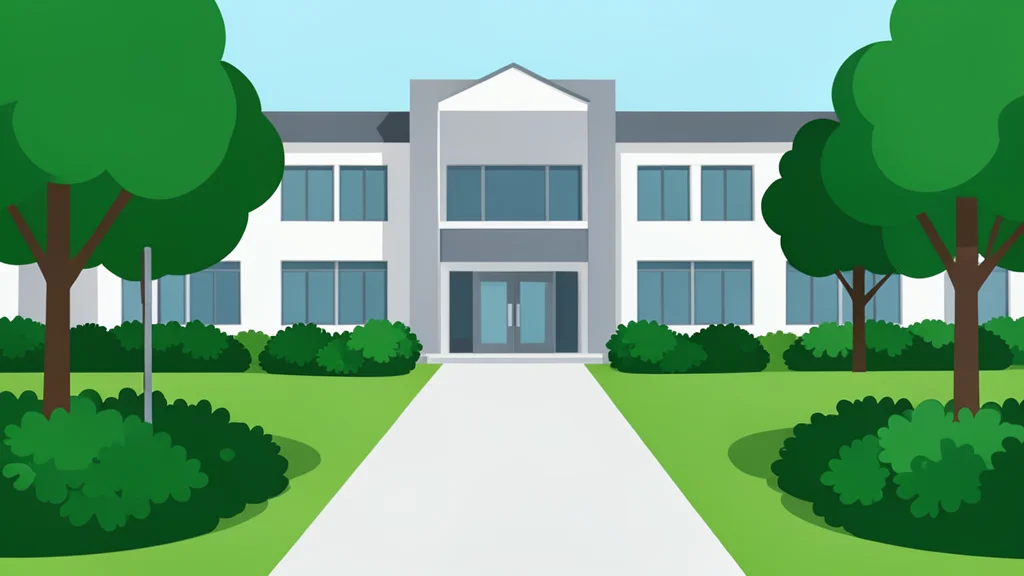 A modern senior living facility exterior with landscaped gardens and a paved walkway leading to the entrance