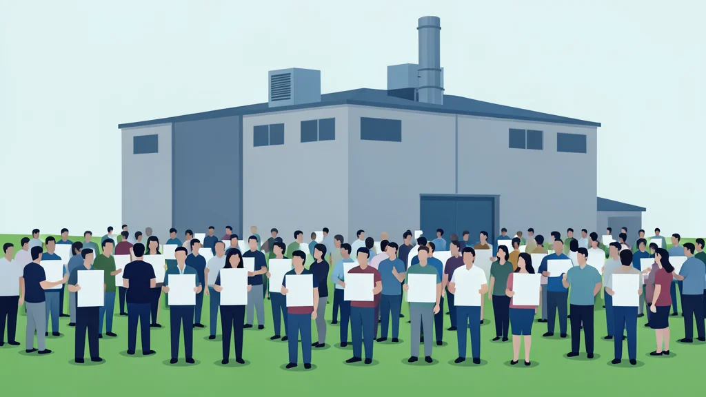 A large industrial server farm building surrounded by a crowd of people holding protest signs