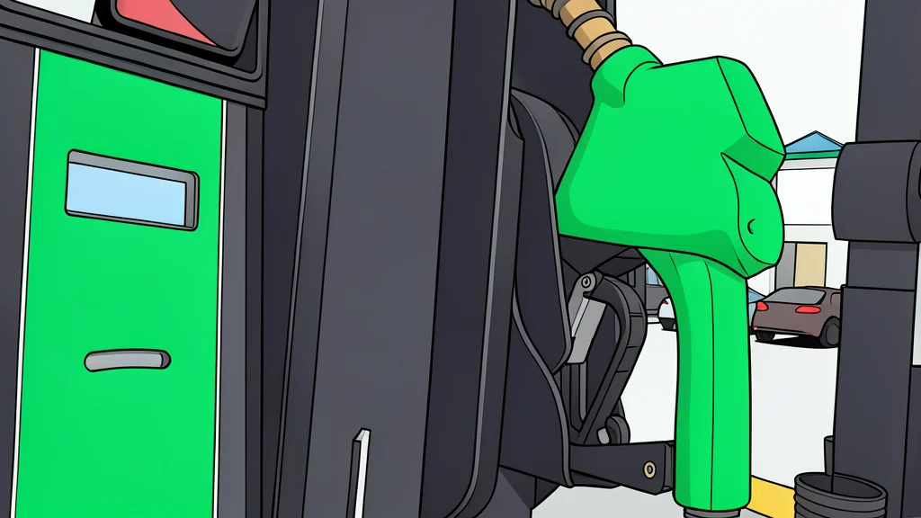 A large industrial oil pump nozzle standing next to a silver metal barrel