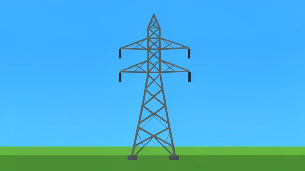 A high-voltage transmission tower standing in a field
