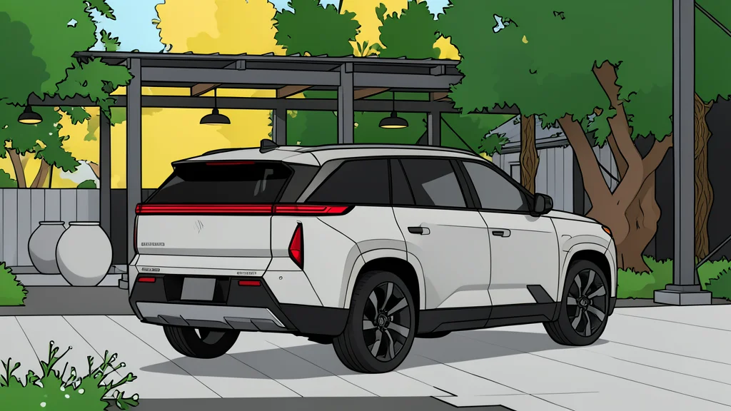 A modern electric SUV parked on a quiet suburban street with a charging cable connected to a wall-mounted unit