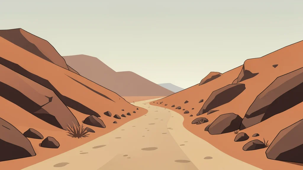 A dusty, unpaved road winding through arid, rocky hills under a hazy sky