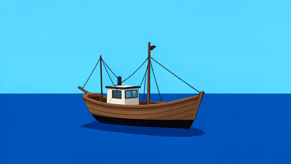 A small wooden fishing boat floating on calm, deep blue ocean water under a clear sky