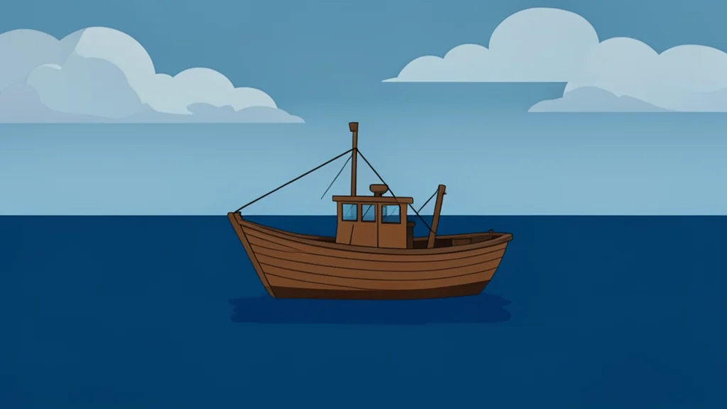 A small wooden fishing boat floating on calm, dark blue ocean water under a cloudy sky