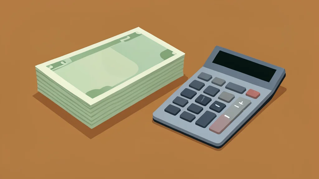 A stack of physical paper currency and a calculator on a wooden desk