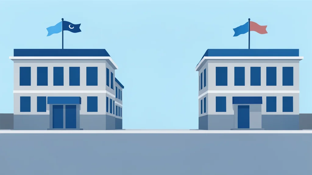 Two embassies facing each other across a wide, empty street with flags flying