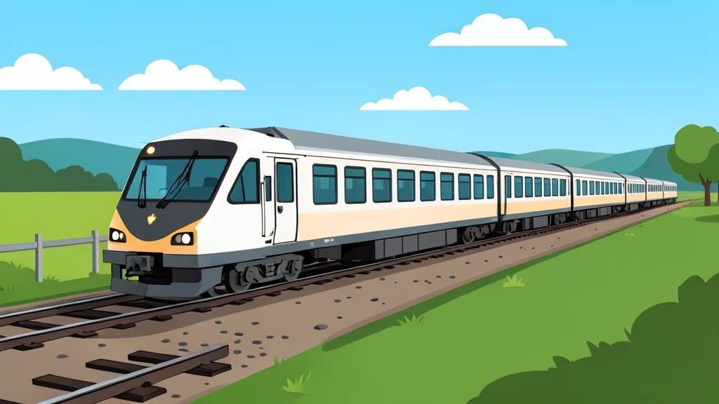 A long passenger train traveling along a railway track through a rural landscape near a border fence