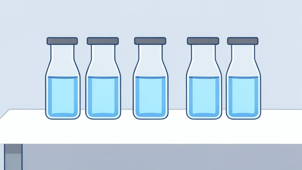A row of glass vials containing clear liquid on a white laboratory bench