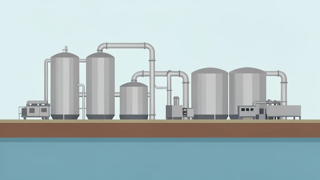 A large industrial gas processing facility with silver pipes and tanks situated near a coastline