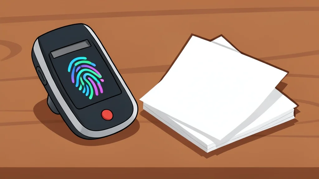 A biometric fingerprint scanner device resting on a wooden desk next to a stack of blank paper ballots