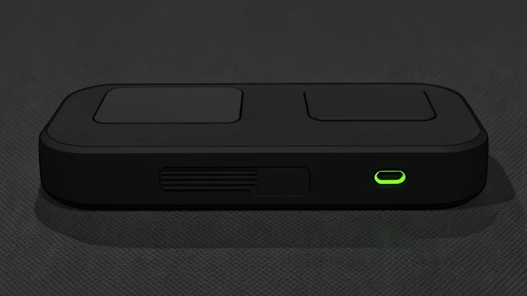 A flat vector illustration of a handheld gaming console resting on a wooden desk surface.