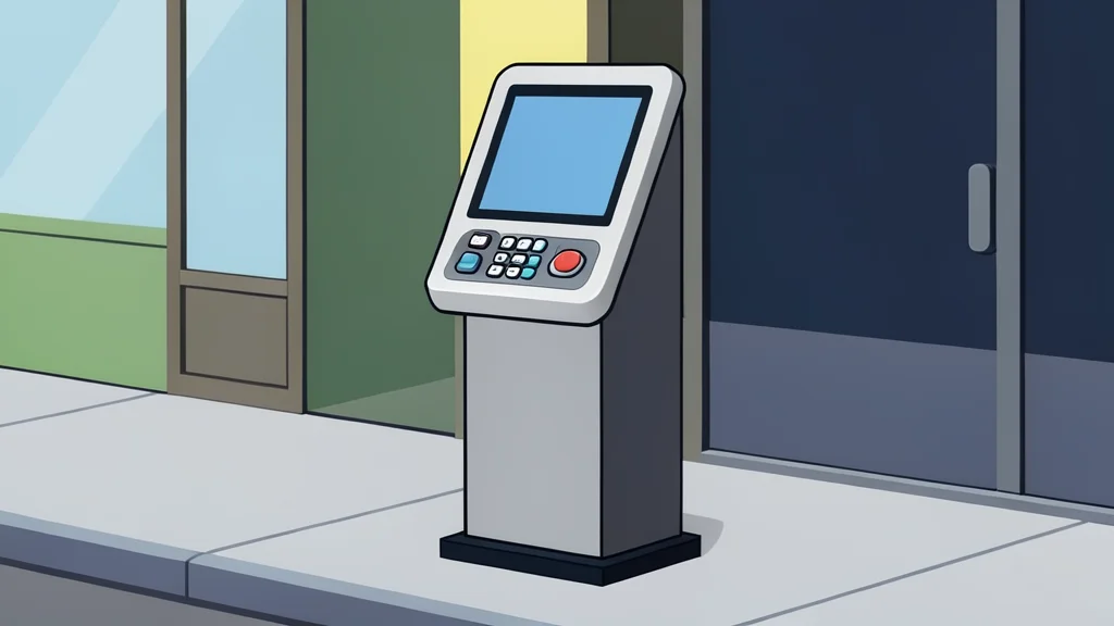 A standalone electronic kiosk with a keypad and a small screen, standing on a sidewalk near a storefront.