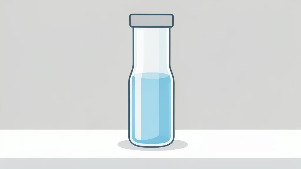 A clear glass vial filled with transparent liquid rests on a pristine white laboratory bench.