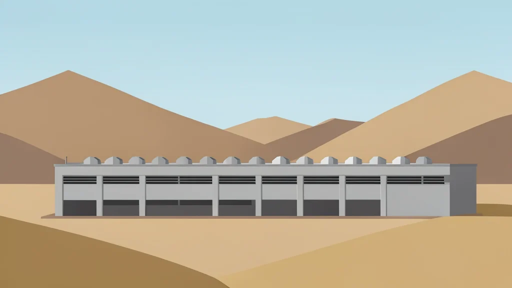 A large, modern industrial building with a flat roof and rows of ventilation units, situated in a dry, mountainous landscape.