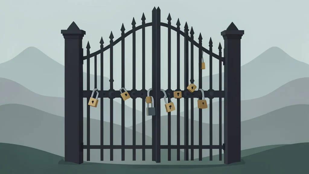 A heavy iron gate secured with multiple padlocks standing before a vast, foggy landscape