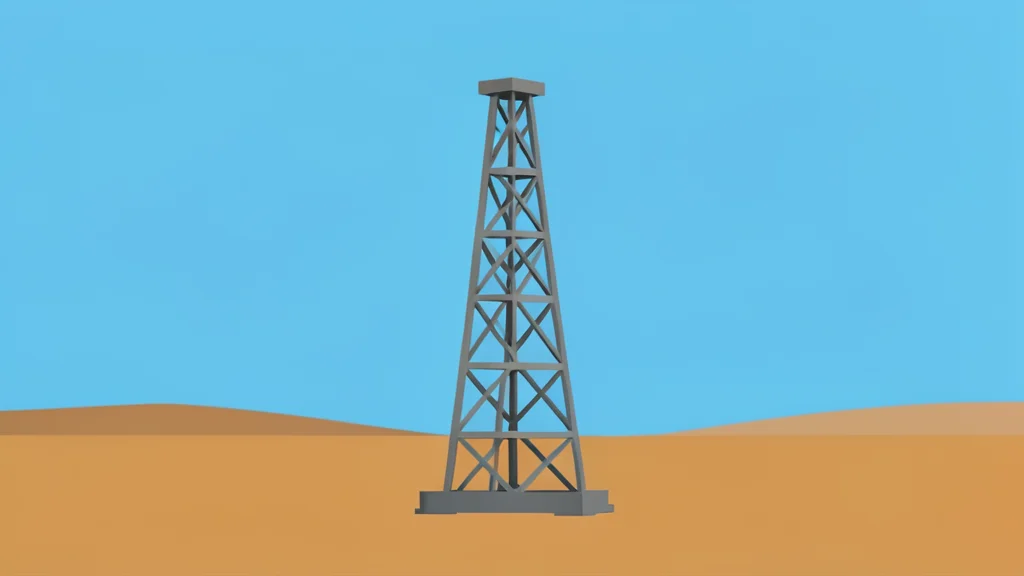 A steel derrick standing in a flat, arid landscape under a clear sky