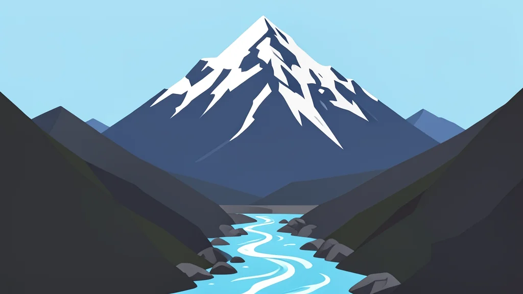 A steep, snow-capped mountain peak with a rushing river flowing through a rocky valley below