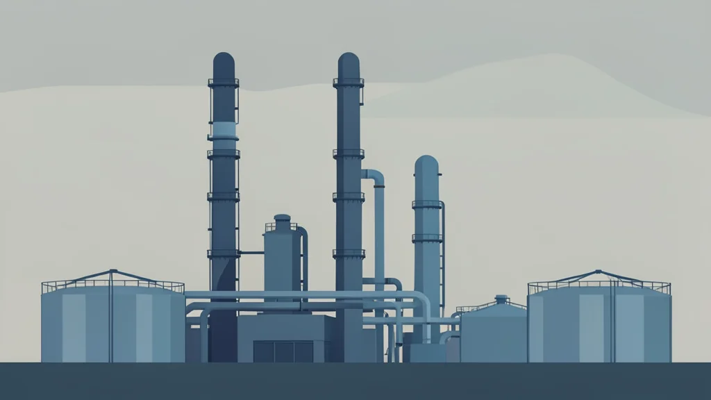 A large industrial refinery complex with tall distillation towers and piping against a hazy sky