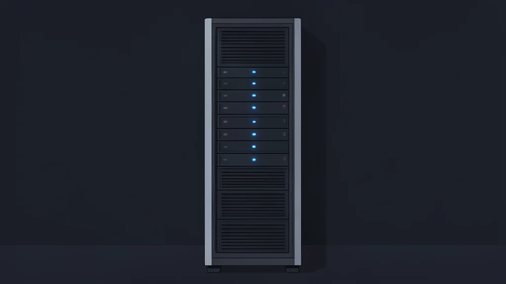 A tall server rack with glowing blue indicators in a dark space