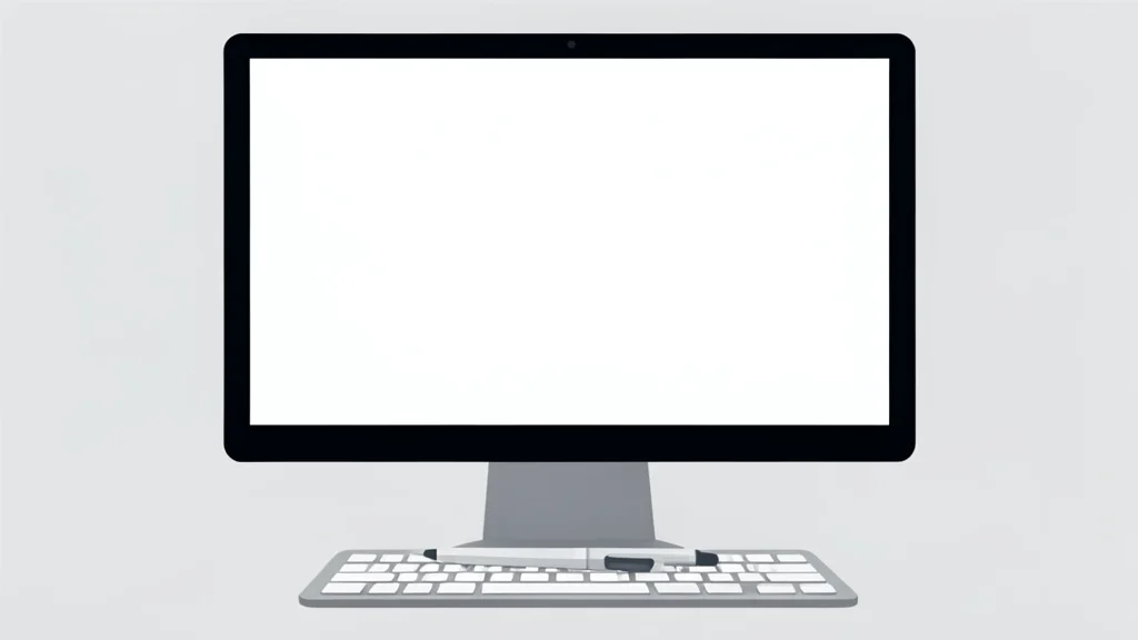 A sleek, modern desktop computer monitor displaying a blank white canvas with a digital pen resting on the keyboard