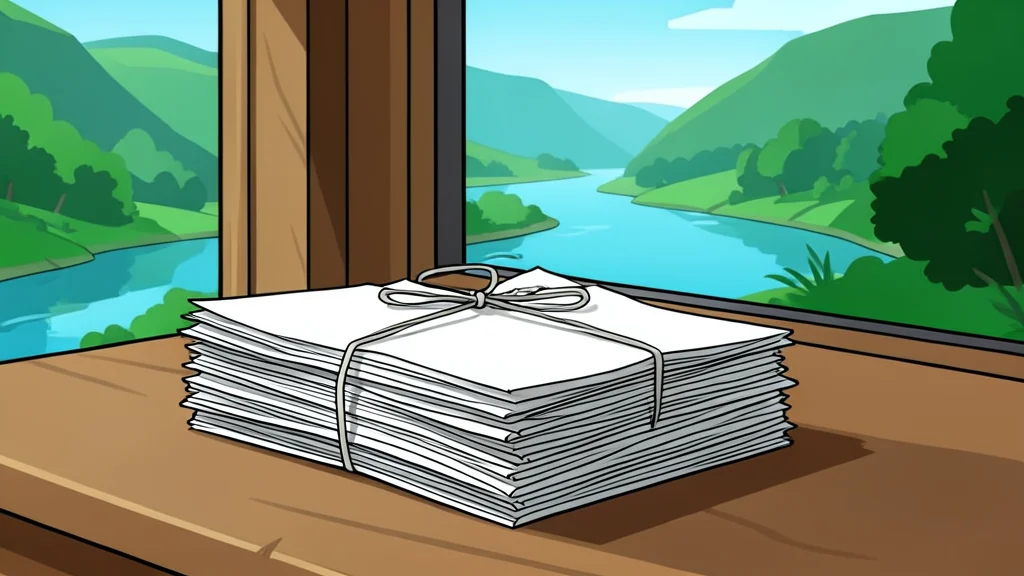 A dense stack of handwritten letters tied together with a simple string, resting on a wooden table near a window overlooking a lush green river valley.