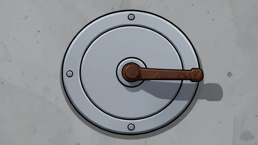 A heavy iron vault door standing slightly ajar in a dimly lit corridor