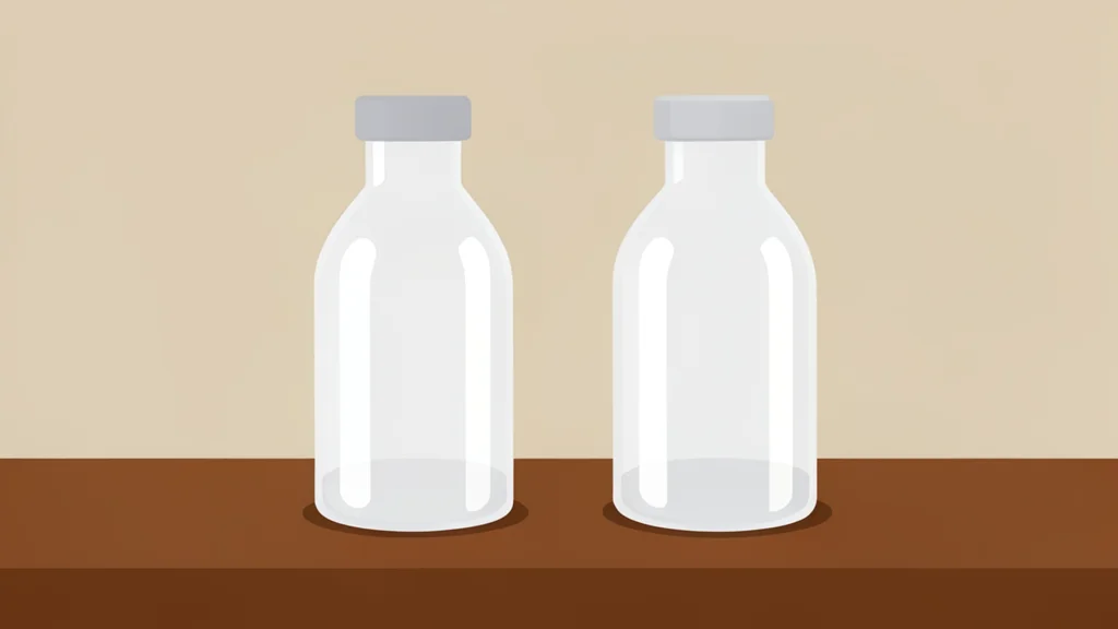 Two identical glass vials resting side-by-side on a wooden desk surface.