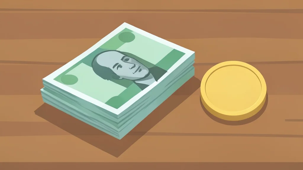 A stack of paper currency bills and a single gold coin resting on a wooden desk surface