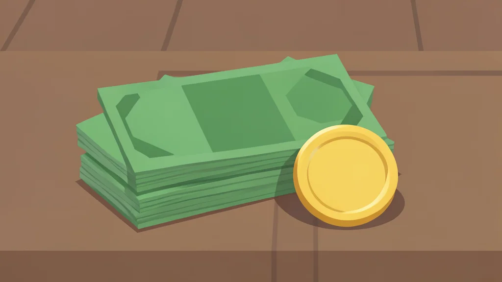 A stack of physical currency bills and a single gold coin on a wooden desk